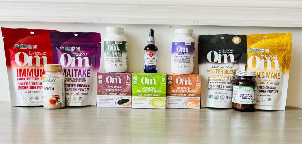 Om Mushroom Reviews of products placed on a table for review