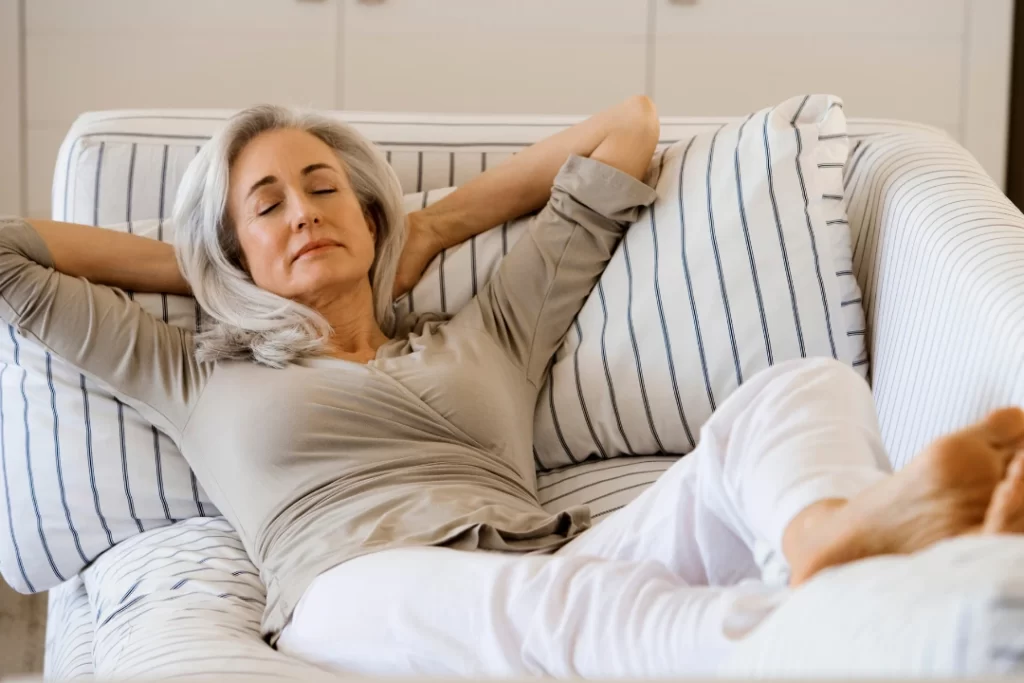 Aged woman feeling relaxed after using ketamine for anxiety.