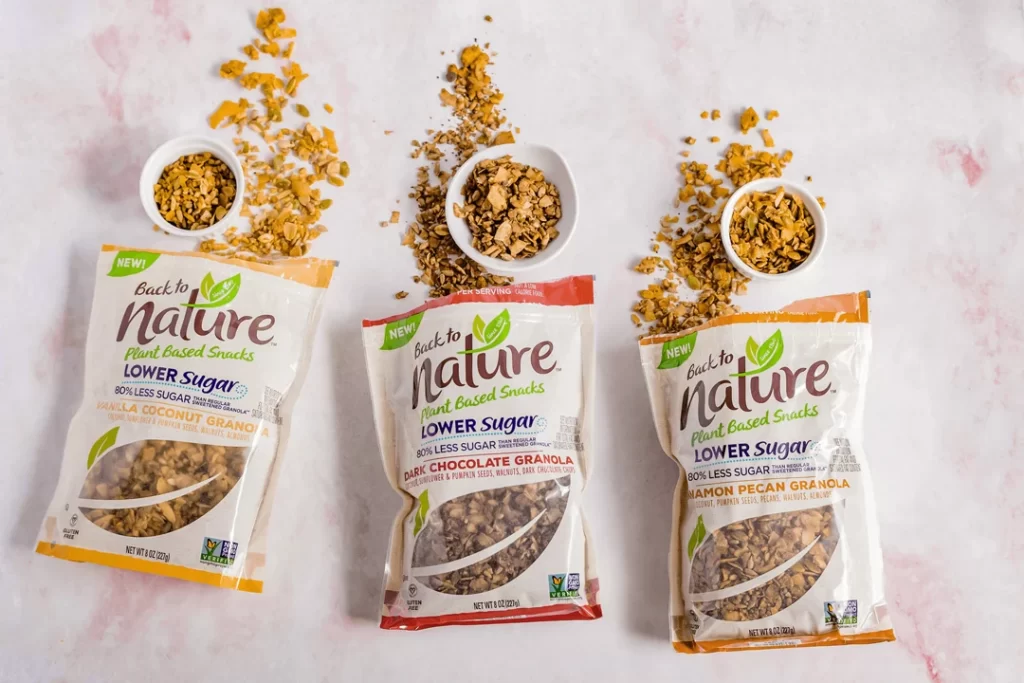Granola of back to nature plant based snacks in different flavours.