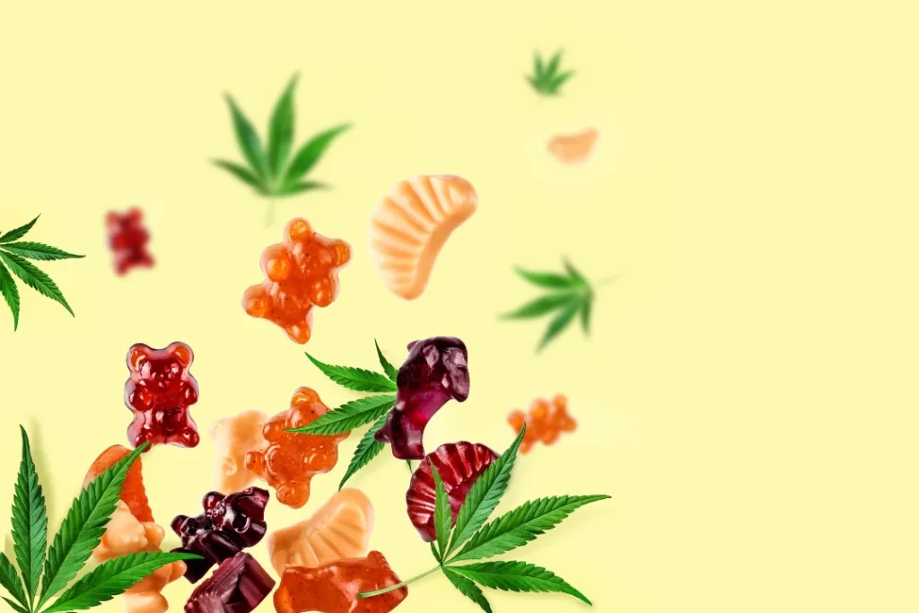 CBD gummies in different shapes with stevia leaves.