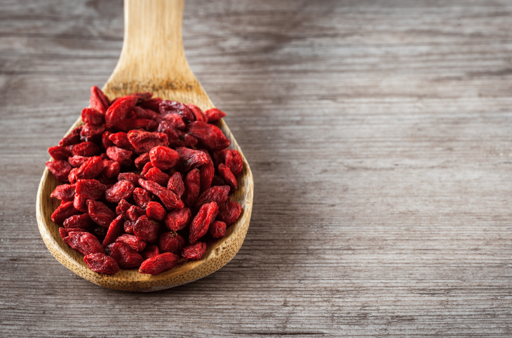 Dried Goji berries being shown in spoon as an additive for your good morning coffee