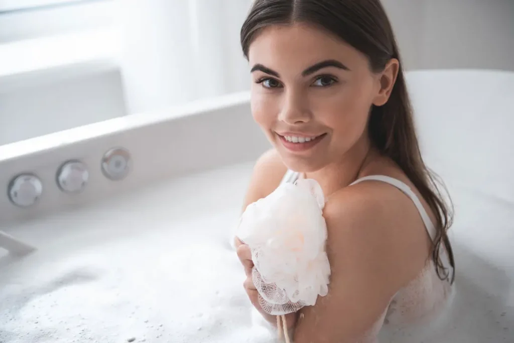 A girl having bath. 