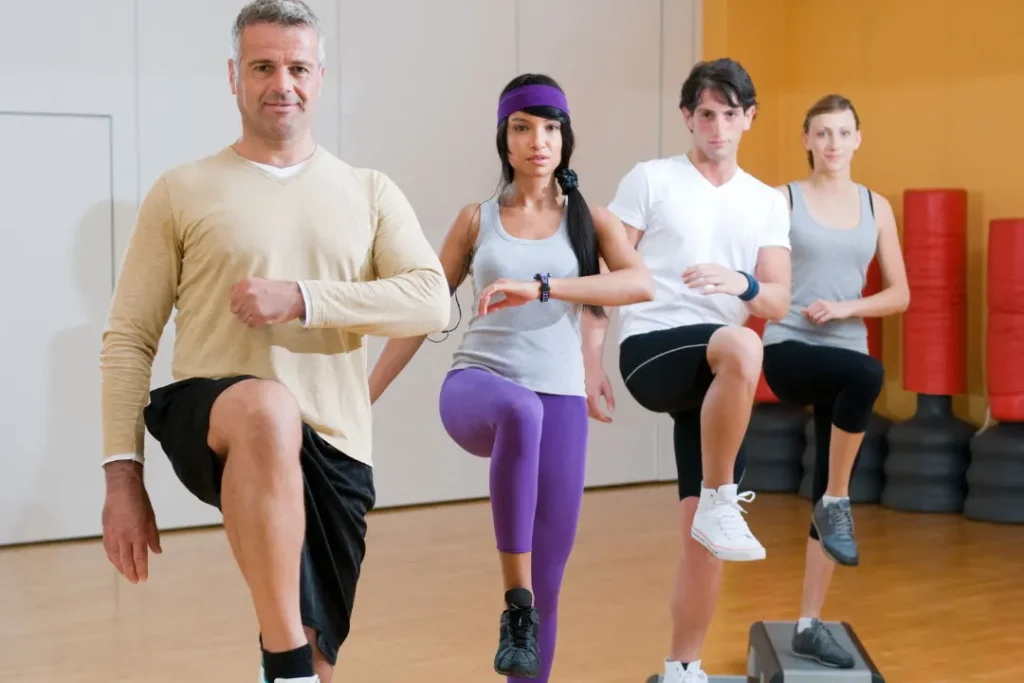 A group of people doing exercise. 