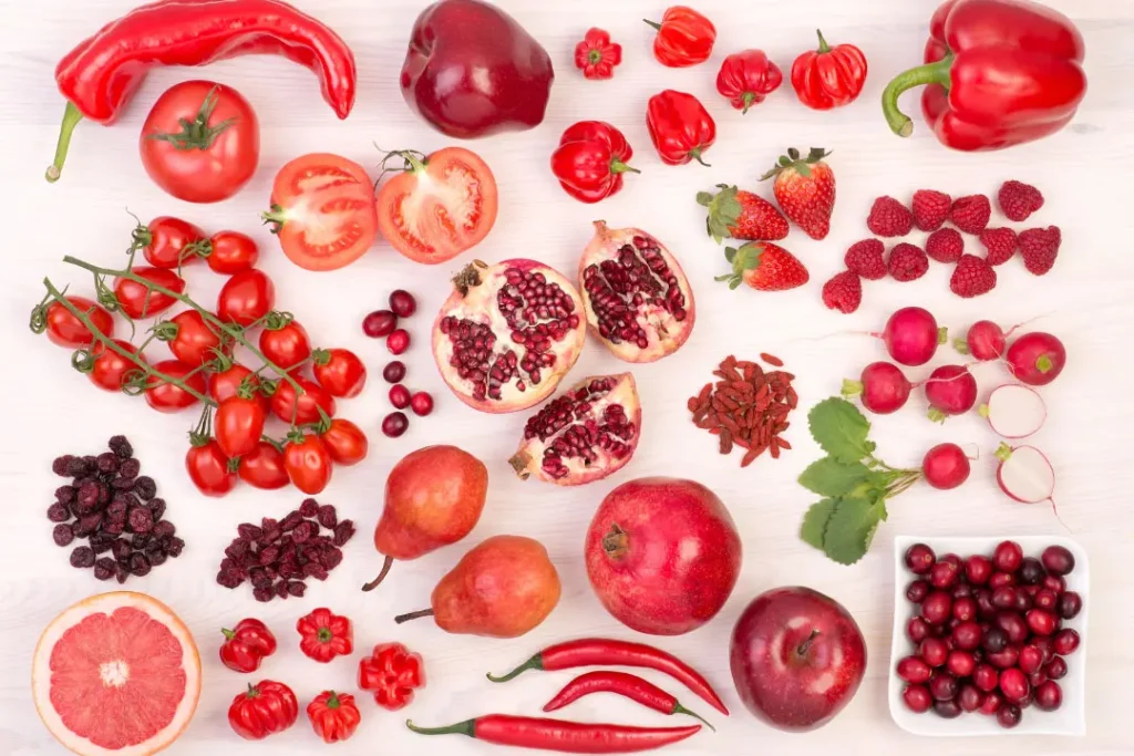 Red fruits and vegetables. 