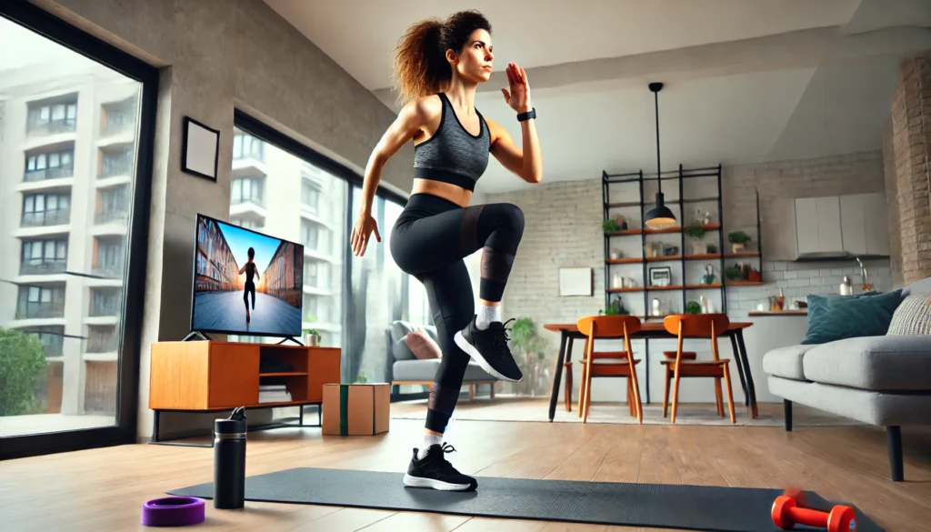 A woman in athletic wear does a high-intensity full-body workout at home, performing high knees and jumping squats in a stylish, well-lit living room. A yoga mat, resistance bands, and a water bottle are on the floor, with a large TV displaying a virtual workout session.