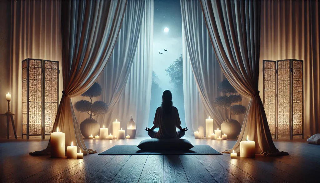 A peaceful meditation setting in a modern indoor space with soft ambient lighting. A person sits on a meditation cushion in a dimly lit room, surrounded by candles and flowing curtains. The scene evokes a sense of calm, stress relief, and deep relaxation, symbolizing mindfulness practices for reducing anxiety and enhancing well-being.