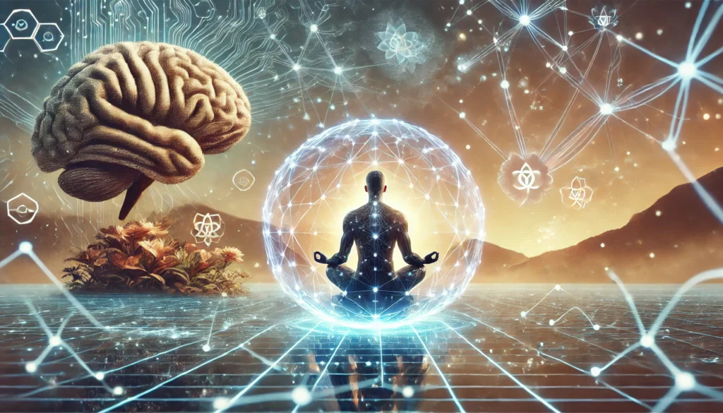 A futuristic meditation setting where a person sits inside a glowing digital sphere, surrounded by interconnected neural pathways made of light. The fusion of nature and technology highlights meditation pathways that enhance cognitive function and mindfulness.