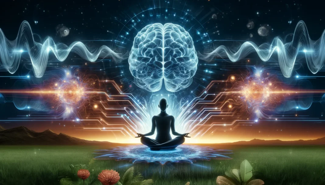 A futuristic meditation scene where a person sits in deep concentration, surrounded by glowing neural pathways and energy waves representing enhanced cognitive function. The background blends nature and technology, symbolizing the fusion of meditation and neuroscience for peak focus and mental clarity.