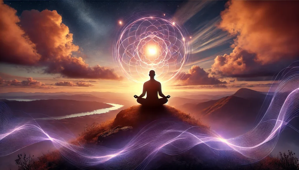 A tranquil meditation setting where a person sits in deep contemplation on a mountaintop at sunset. The sky is painted in soft hues of orange and purple, while glowing energy waves around the figure symbolize a quiet mind and deep inner peace.