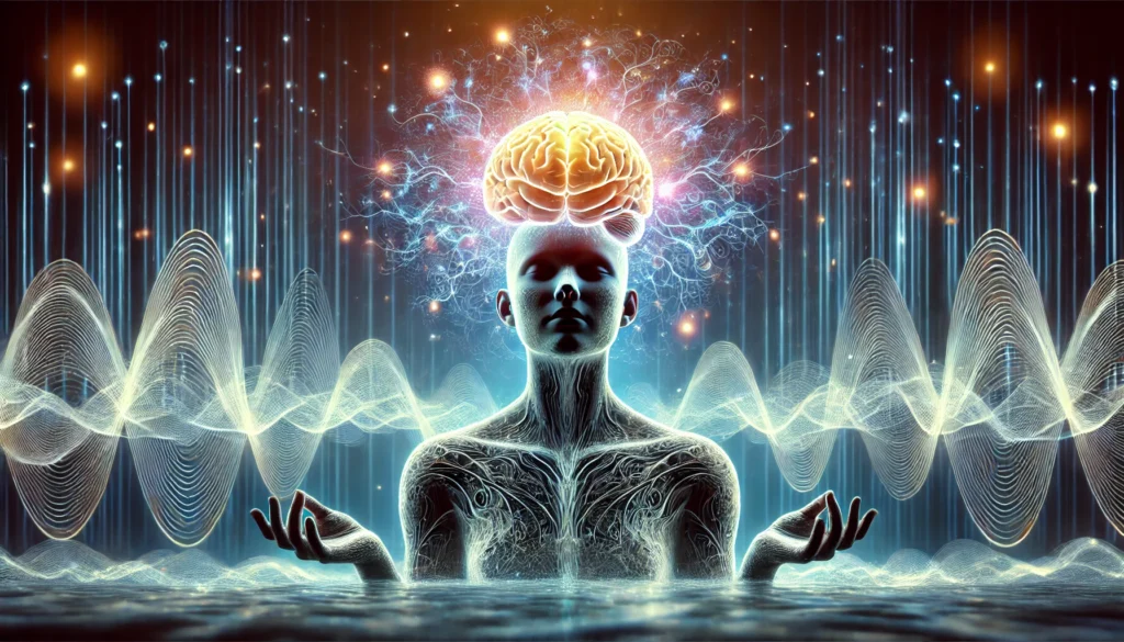 An artistic representation of brain waves during meditation, showing a human silhouette in a deep meditative state with intricate, glowing neural connections. The brain emits gentle waves of energy in different frequencies, symbolizing the impact of meditation on neural activity. The background features a calm and ethereal ambiance, enhancing the theme of cognitive optimization.
