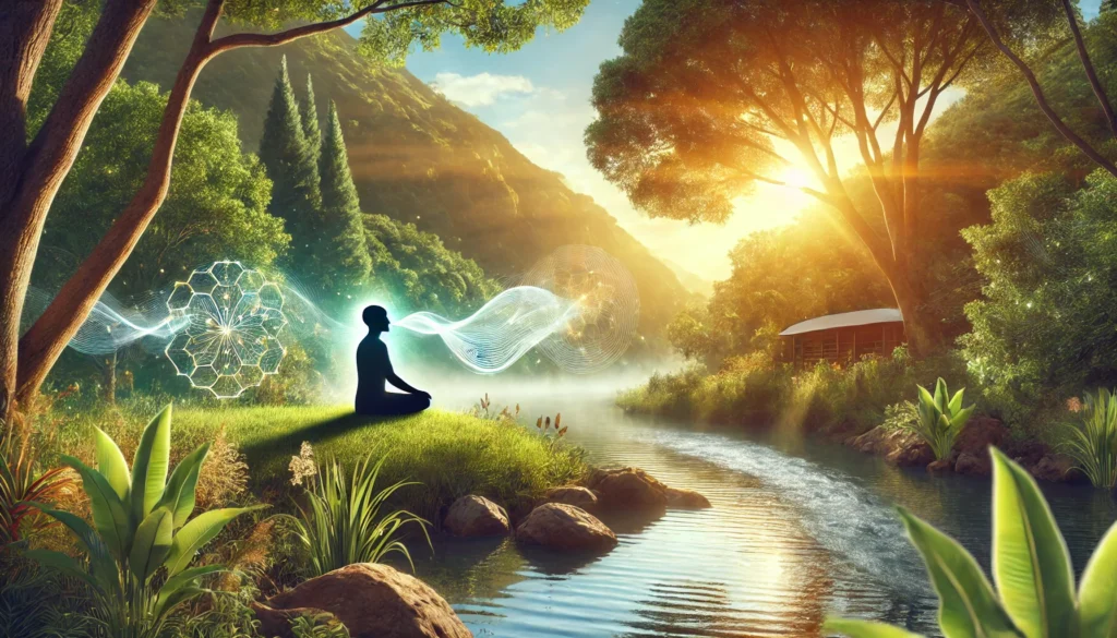 A serene outdoor meditation and breathwork setting – A tranquil natural environment where a person is engaged in controlled breathing techniques by a calm river, with golden sunlight filtering through the trees. Breath energy waves subtly emanate, representing relaxation and mindfulness.