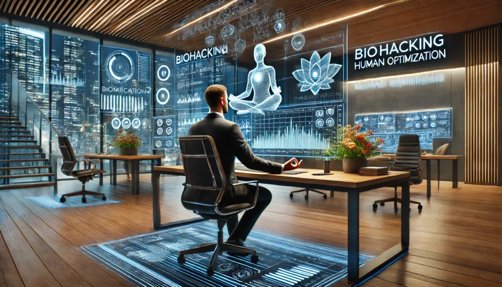 A futuristic office setting where a professional is meditating with a digital interface displaying brain activity – A high-tech corporate environment where an individual is practicing meditation, with holographic visuals symbolizing cognitive enhancement and stress reduction.

