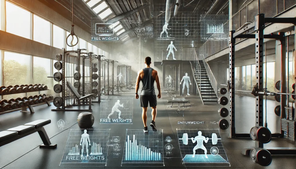 A modern gym environment showcasing an athlete following a workout plan with free weights, machines, and bodyweight exercises, emphasizing strength training and endurance.