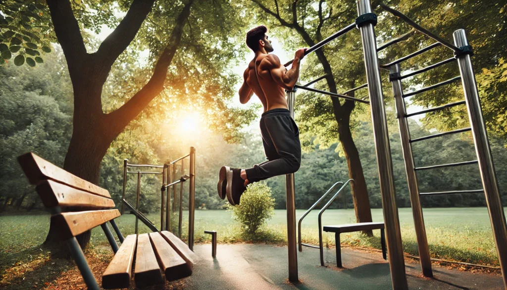 An outdoor bodyweight workout in a park, with a person doing pull-ups on a bar, dips on parallel bars, and step-ups on a bench, creating a fresh and energetic calisthenics training atmosphere.