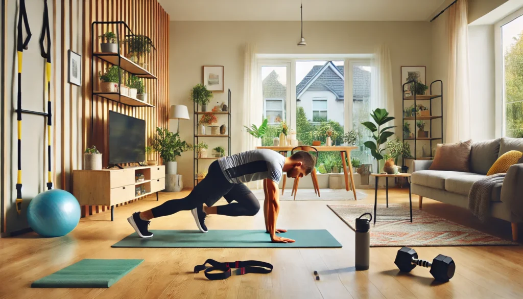 A home-based full-body workout session, showing a fit individual performing mountain climbers on a yoga mat in a bright and modern living room, surrounded by resistance bands, a stability ball, and dumbbells.