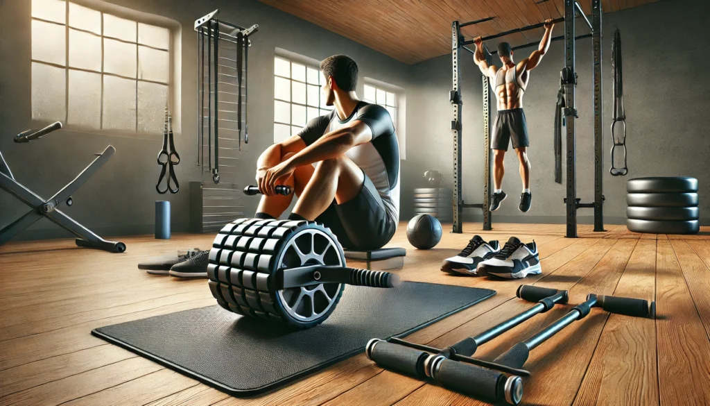 A gym scene with an athlete using an ab roller for core training, surrounded by resistance bands, a yoga mat, and a pull-up bar, emphasizing abdominal strength exercises.