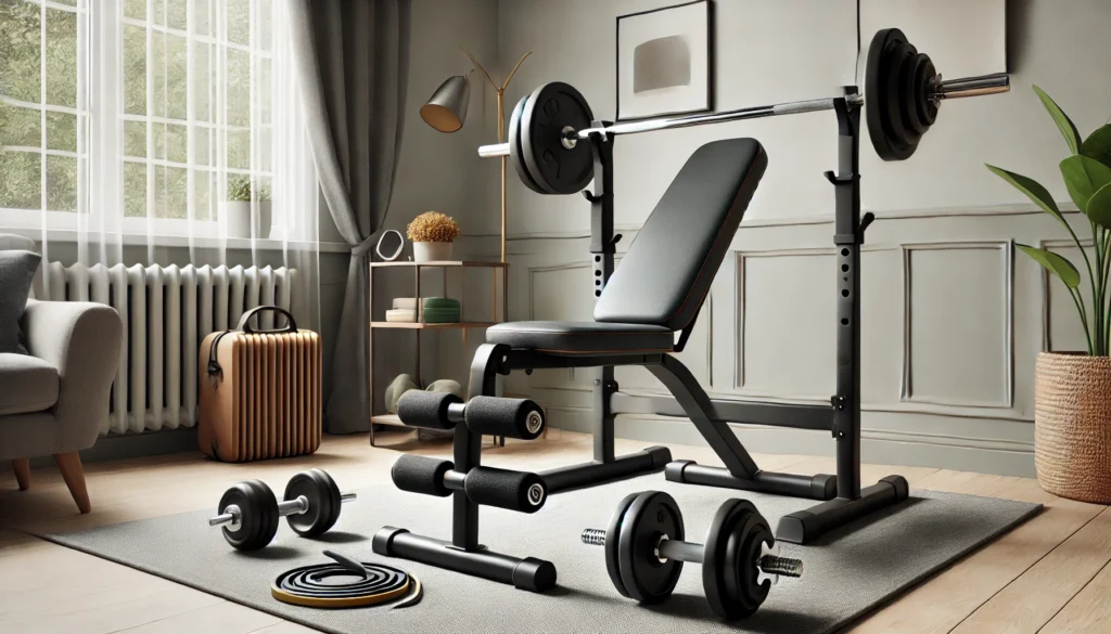 A home workout space designed for strength training, showcasing a compact weight bench, adjustable dumbbells, a barbell, and resistance bands in a clean and structured environment.