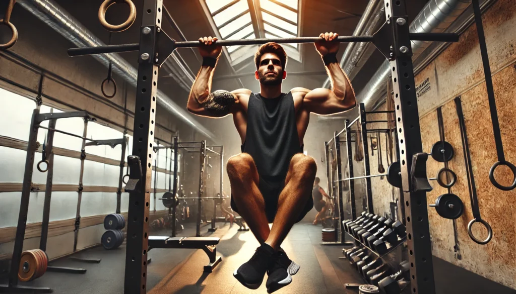 An athlete performing an upper body workout as part of a full-body split routine, executing pull-ups, overhead presses, and dumbbell rows in a focused gym setting.